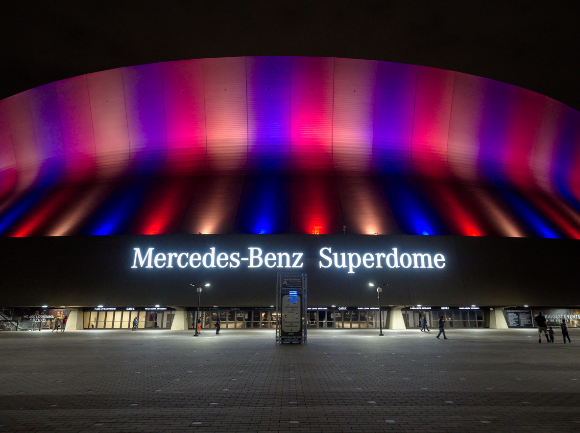 New Orleans, Louisiana, USA - 2020: Front view of the Mercedes-Benz Superdome stadium at night during a game, , iStock